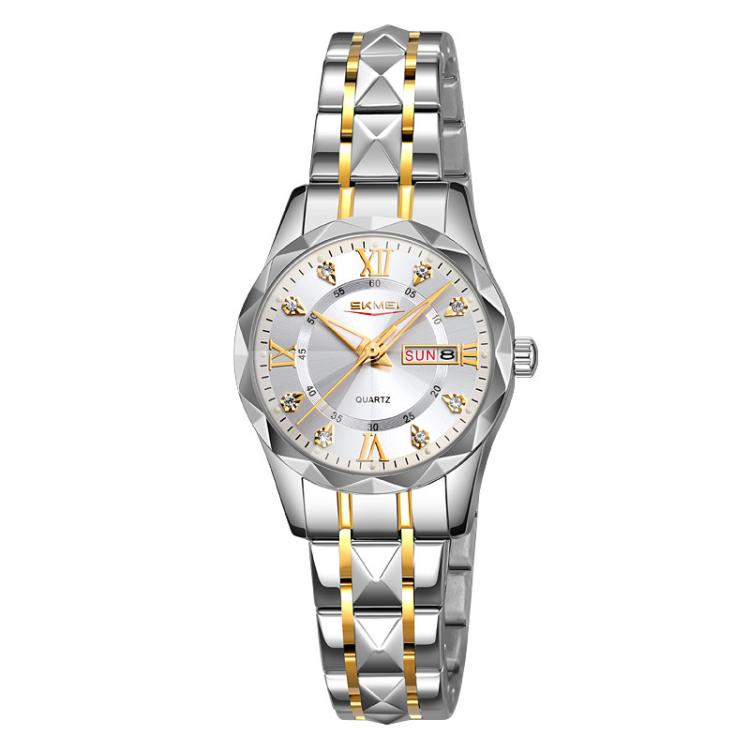 SKMEI Business Casual Watches Diamond Case Luminous Waterproof Quartz Watch, Style: Women Silver Gold Strap Silver Dial