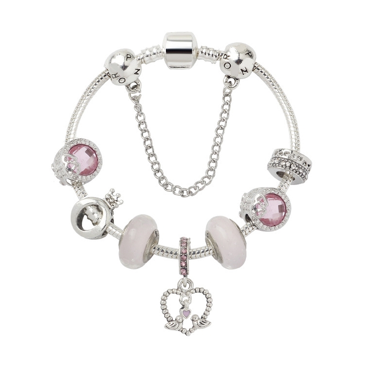 SL85 Colored Glaze Large Hole Bead Bracelet Alloy Pink Series Love Bird Pendant Bracelet, Size: 17cm
