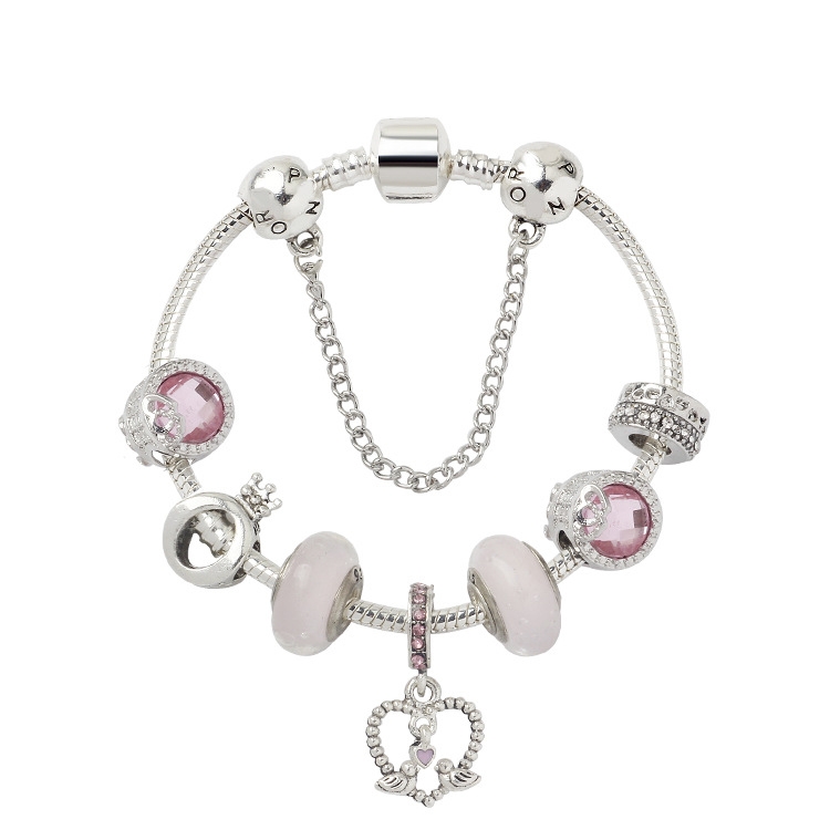 SL85 Colored Glaze Large Hole Bead Bracelet Alloy Pink Series Love Bird Pendant Bracelet, Size: 19cm