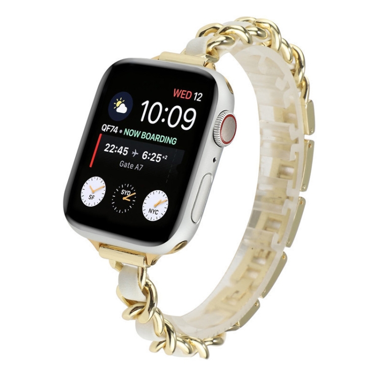 Small Waist Stainless Steel Strap Watch Band For Apple Watch Series 7 45mm / 6 & SE & 5 & 4 44mm / 3 & 2 & 1 42mm(Gold White)