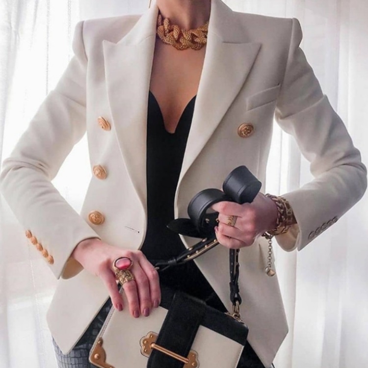 Solid Color Slim Long-sleeved Cardigan Short Suit Jacket for Ladies (Color:Beige Size:XL)