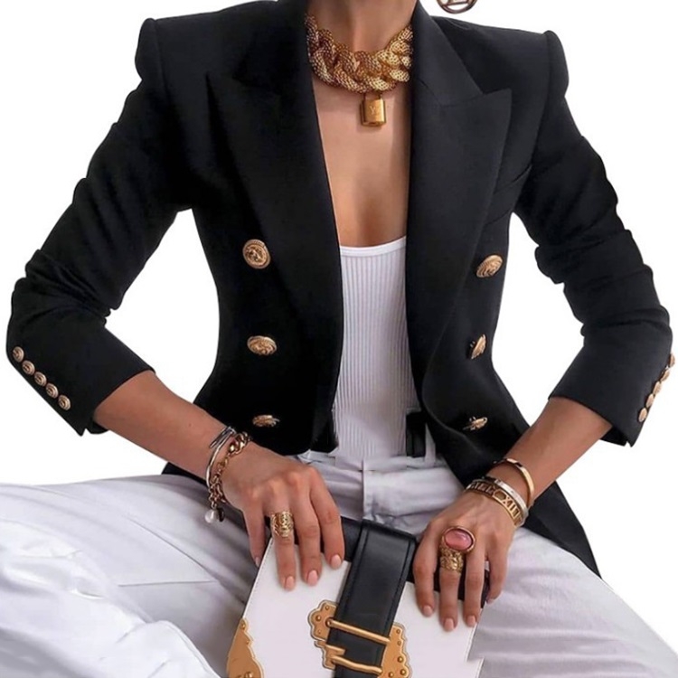 Solid Color Slim Long-sleeved Cardigan Short Suit Jacket for Ladies (Color:Black Size:M)