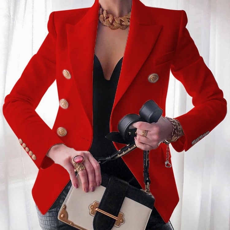 Solid Color Slim Long-sleeved Cardigan Short Suit Jacket for Ladies (Color:Red Size:M)