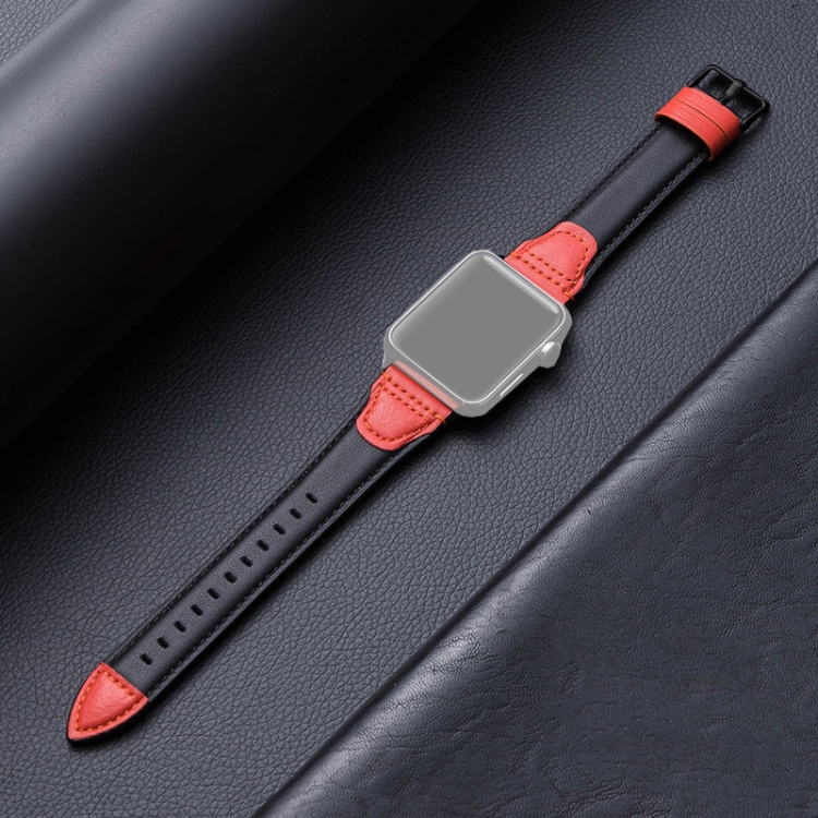 Splicing Cowhide Leather Watch Band For Apple Watch Series 9&8&7 41mm / SE 3&SE 2&6&SE&5&4 40mm / 3&2&1 38mm(Black Red)