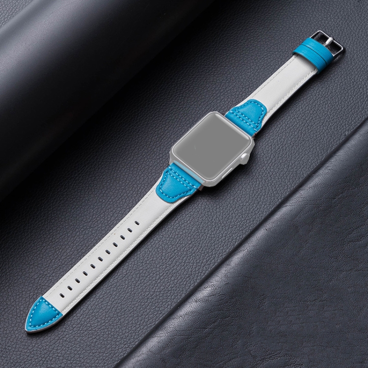 Splicing Cowhide Leather Watch Band For Apple Watch Series 9&8&7 41mm / SE 3&SE 2&6&SE&5&4 40mm / 3&2&1 38mm(White Blue)
