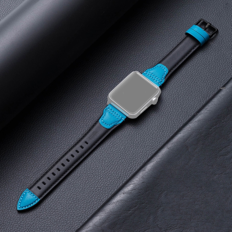 Splicing Cowhide Leather Watch Band For Apple Watch Ultra 49mm&Watch Ultra 2 49mm / Series 9&8&7 45mm / SE 3&SE 2&6&SE&5&4 44mm / 3&2&1 42mm(Black Blue)