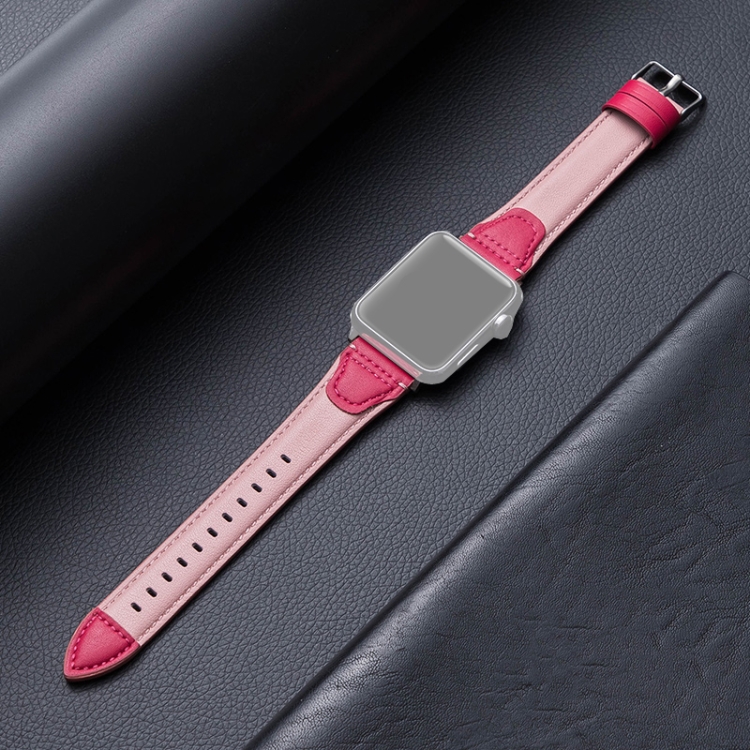 Splicing Cowhide Leather Watch Band For Apple Watch Ultra 49mm&Watch Ultra 2 49mm / Series 9&8&7 45mm / SE 3&SE 2&6&SE&5&4 44mm / 3&2&1 42mm(Rose Red)