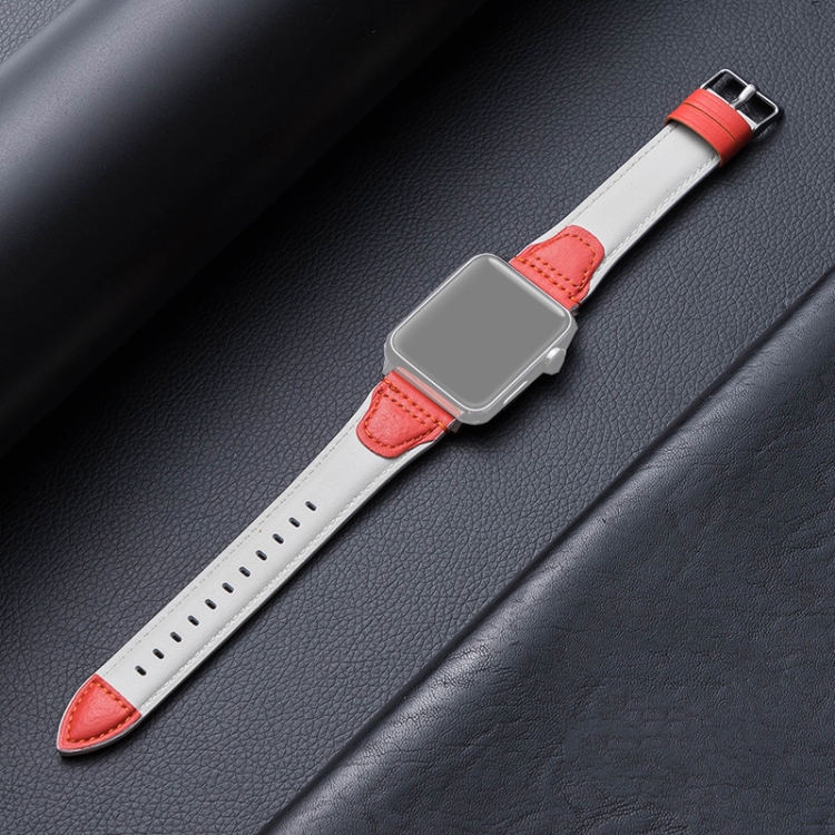 Splicing Cowhide Leather Watch Band For Apple Watch Ultra 49mm&Watch Ultra 2 49mm / Series 9&8&7 45mm / SE 3&SE 2&6&SE&5&4 44mm / 3&2&1 42mm(White Red)