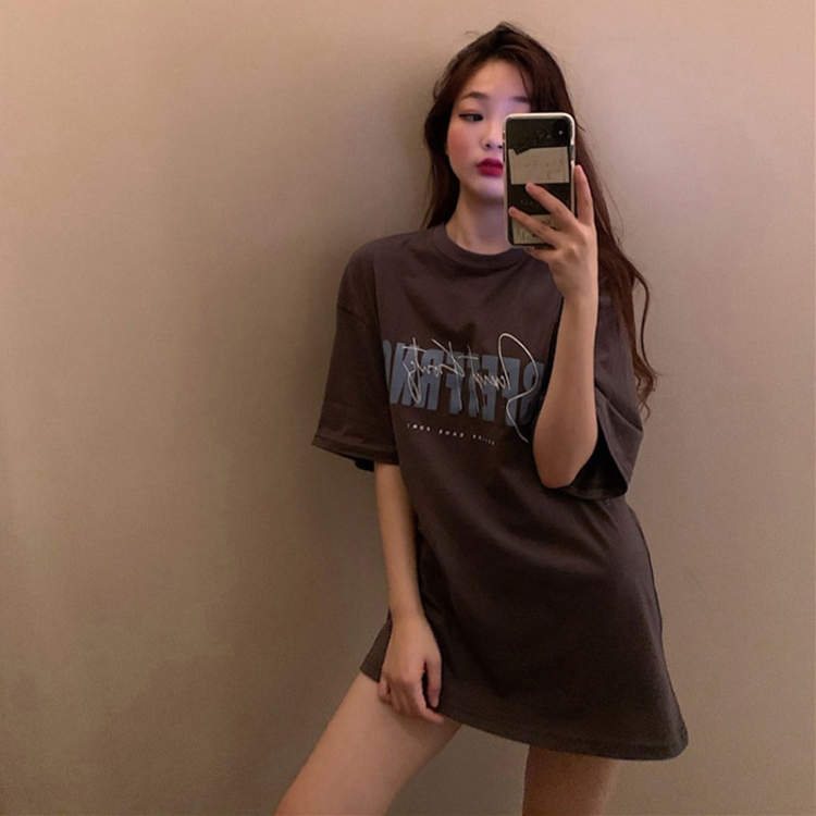 Spring and Summer Retro Print Mid-length Loose Short-sleeved Top T-shirt, Size: L(Dark Gray)
