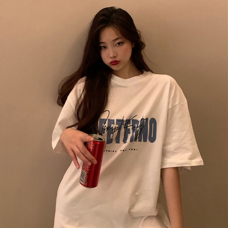 Spring and Summer Retro Print Mid-length Loose Short-sleeved Top T-shirt, Size: XXL(White)