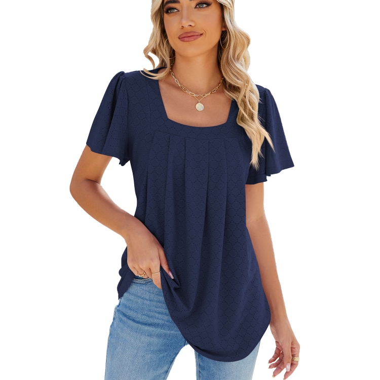 Spring and Summer Square Neck Pleated Short Sleeve Ladies Loose T-Shirt Top, Size: L(Navy)