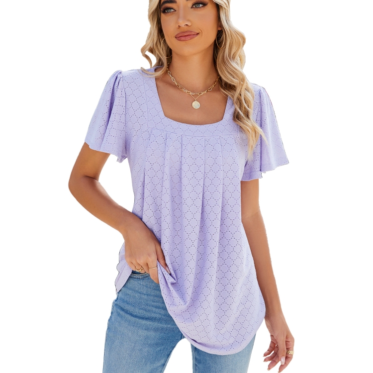 Spring and Summer Square Neck Pleated Short Sleeve Ladies Loose T-Shirt Top, Size: L(Purple)