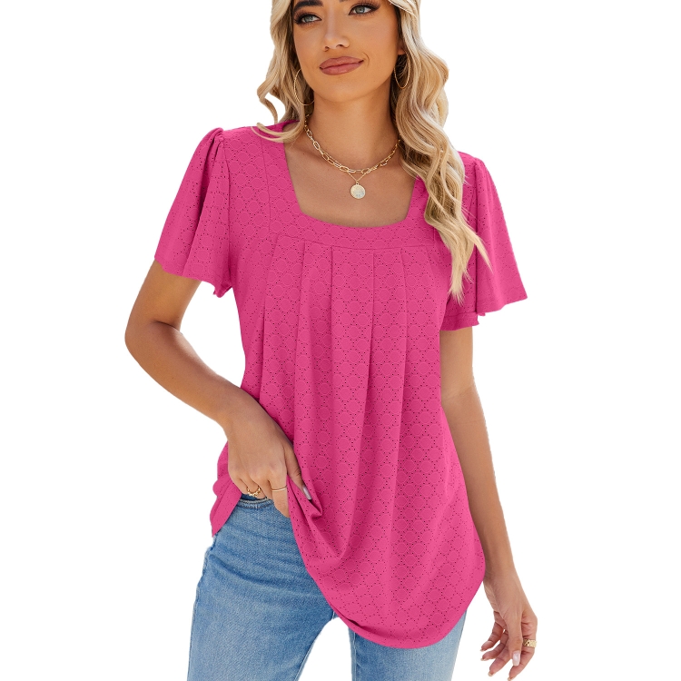 Spring and Summer Square Neck Pleated Short Sleeve Ladies Loose T-Shirt Top, Size: L(Rose Pink)