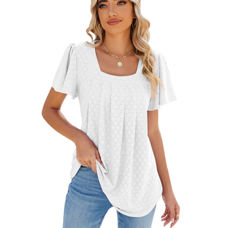 Spring and Summer Square Neck Pleated Short Sleeve Ladies Loose T-Shirt Top, Size: S(White)