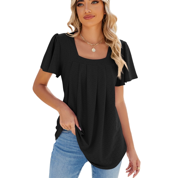 Spring and Summer Square Neck Pleated Short Sleeve Ladies Loose T-Shirt Top, Size: XL(Black)