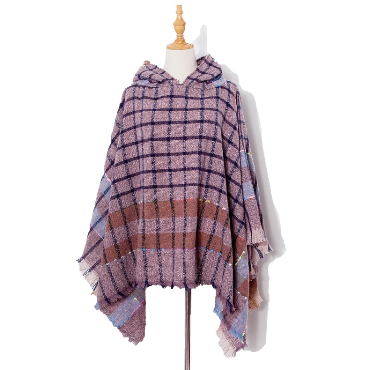 Spring Autumn Winter Checkered Pattern Hooded Cloak Shawl Scarf, Length (CM): 135cm(DP2-08 Purple)