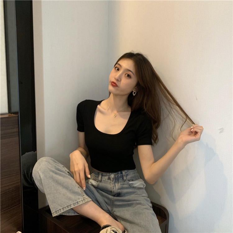 Square Neck Slim Crop Top Summer Short Sleeve Bottoming Shirt(Black)
