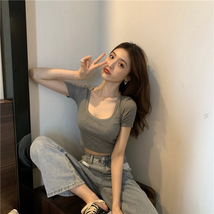 Square Neck Slim Crop Top Summer Short Sleeve Bottoming Shirt(Grey)