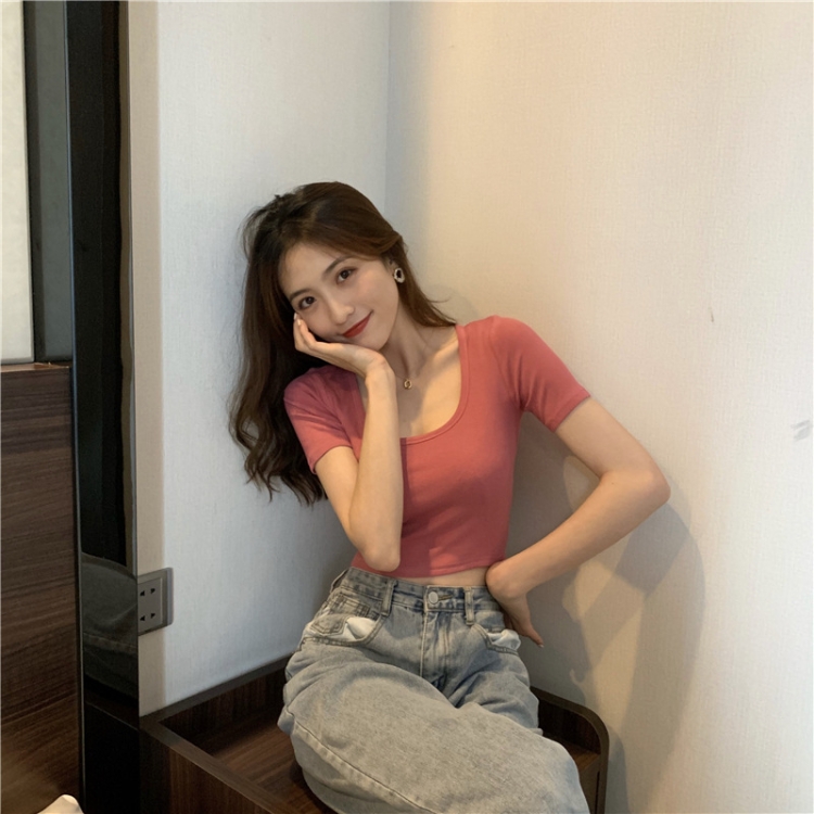 Square Neck Slim Crop Top Summer Short Sleeve Bottoming Shirt(Rose Red)