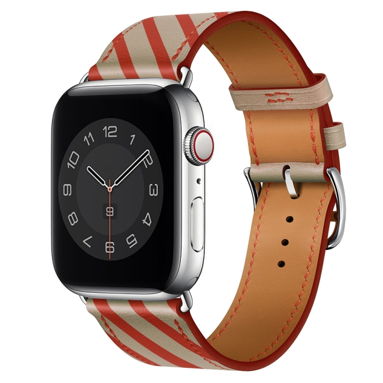 Strip Texture Leather Watch Band For Apple Watch Ultra 49mm&Watch Ultra 2 49mm / Series 9&8&7 45mm / SE 3&SE 2&6&SE&5&4 44mm / 3&2&1 42mm(Apricot Red)