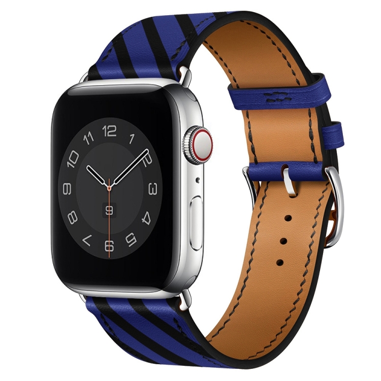 Strip Texture Leather Watch Band For Apple Watch Ultra 49mm&Watch Ultra 2 49mm / Series 9&8&7 45mm / SE 3&SE 2&6&SE&5&4 44mm / 3&2&1 42mm(Blue Black)