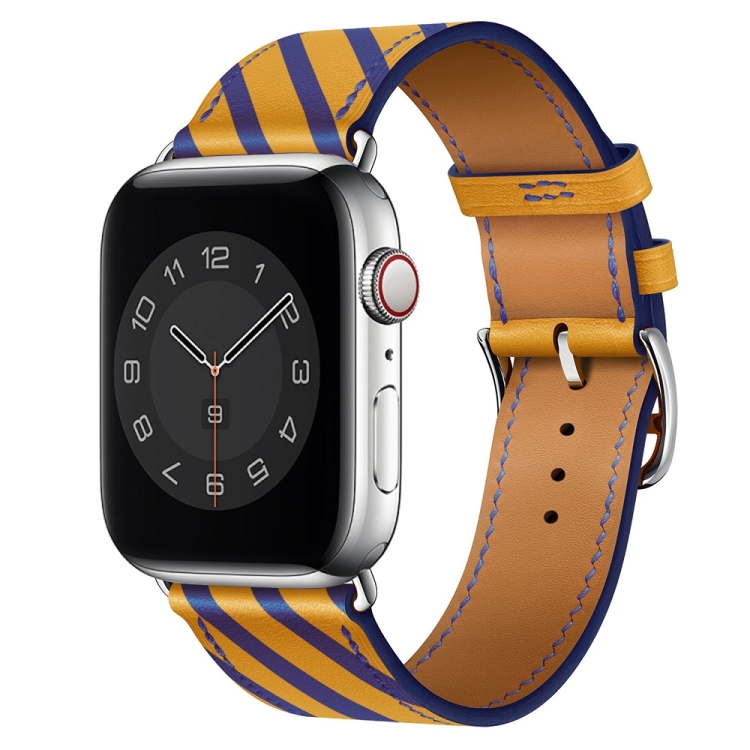 Strip Texture Leather Watch Band For Apple Watch Ultra 49mm&Watch Ultra 2 49mm / Series 9&8&7 45mm / SE 3&SE 2&6&SE&5&4 44mm / 3&2&1 42mm(Yellow Blue)