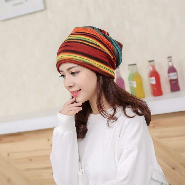 Striped Multifunctional Ear Protection Wrap Cap Stacking Cap(Orange Red)