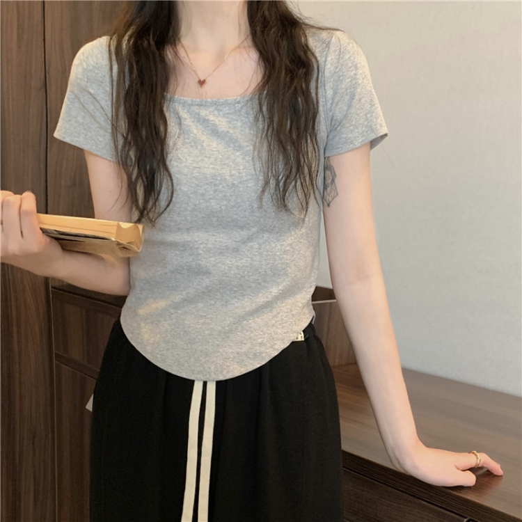 Summer Big U-neck Babes Look Thin Slim Fit Irregular Top, Size: L(Grey)