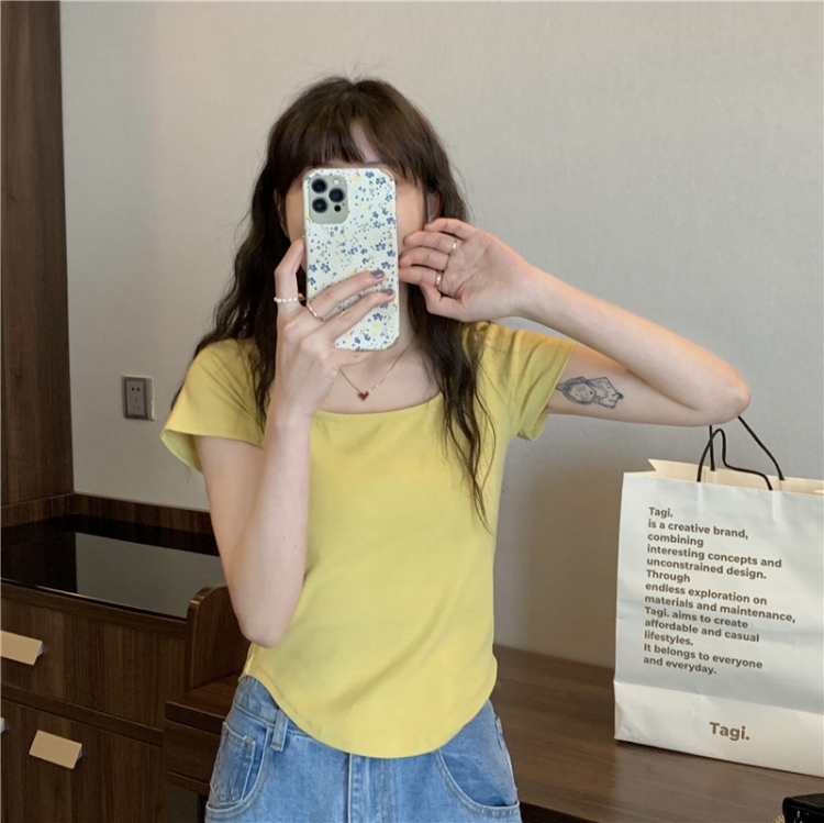 Summer Big U-neck Babes Look Thin Slim Fit Irregular Top, Size: L(Yellow)
