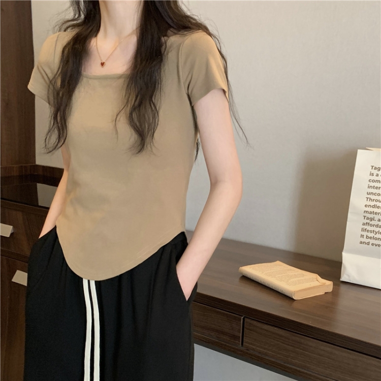 Summer Big U-neck Babes Look Thin Slim Fit Irregular Top, Size: M(Khaki)