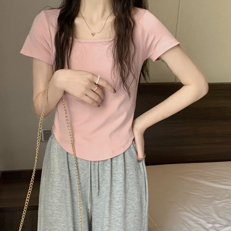 Summer Big U-neck Babes Look Thin Slim Fit Irregular Top, Size: M(Pink)