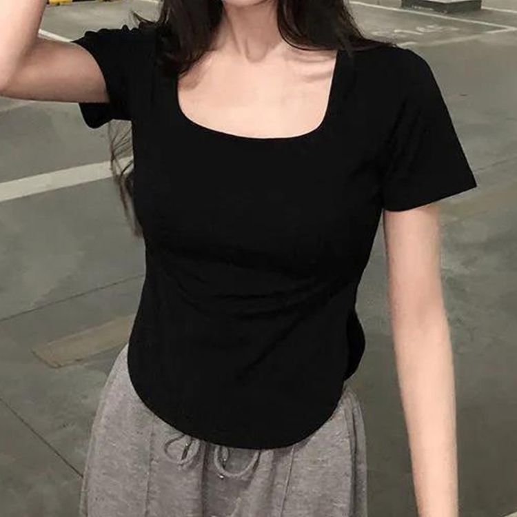 Summer Big U-neck Babes Look Thin Slim Fit Irregular Top, Size: XXL(Black)