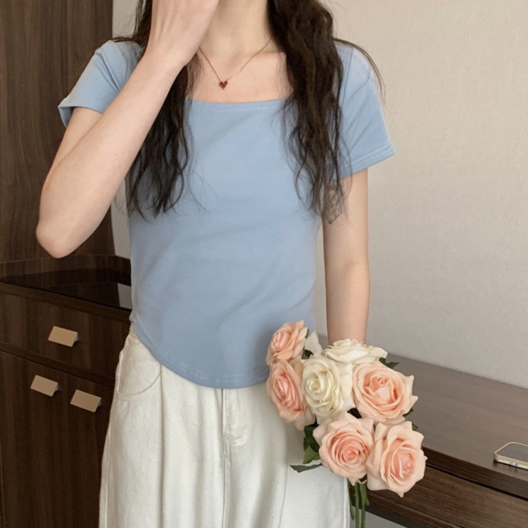 Summer Big U-neck Babes Look Thin Slim Fit Irregular Top, Size: XXL(Fog Blue)