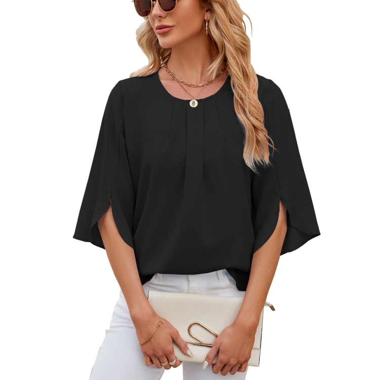 Summer Women Loose Chiffon Blouse Tops Round Neck 5 Points Sleeve Short Sleeve, Size: S(Black)