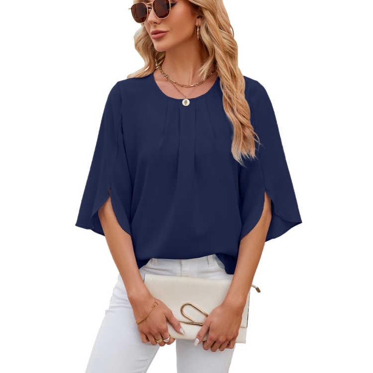 Summer Women Loose Chiffon Blouse Tops Round Neck 5 Points Sleeve Short Sleeve, Size: S(Navy)