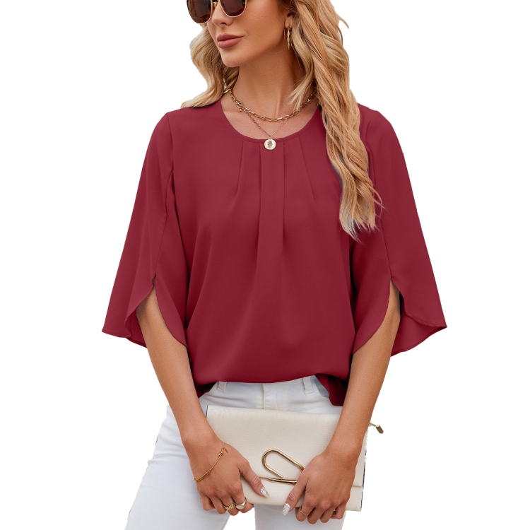 Summer Women Loose Chiffon Blouse Tops Round Neck 5 Points Sleeve Short Sleeve, Size: XXL(Wine Red)