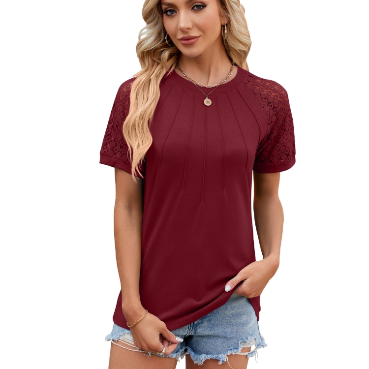 Summer Women Round Neck Flower Lace Patchwork Short Sleeve T-Shirt, Size: L(Wine Red)
