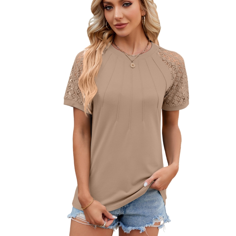 Summer Women Round Neck Flower Lace Patchwork Short Sleeve T-Shirt, Size: S(Khaki)