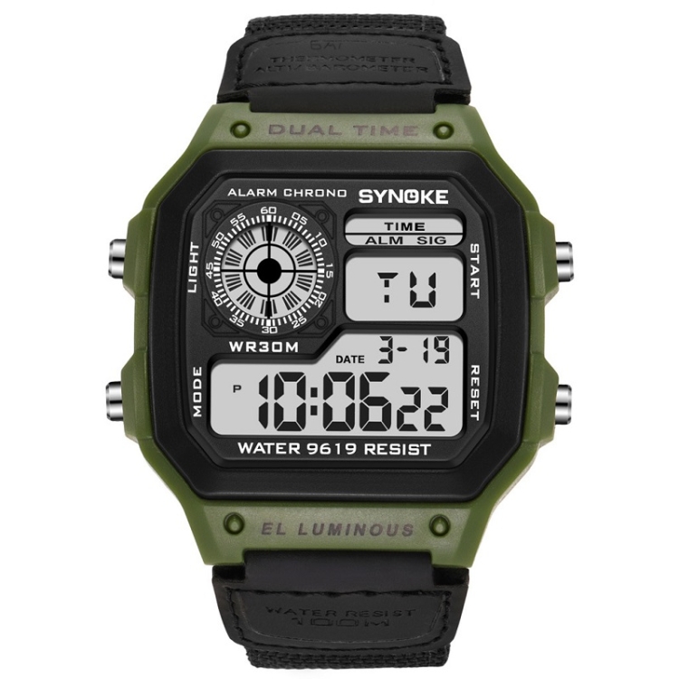 SYNOKE 9619B Nylon Canvas Strap Luminous Waterproof Digital Watch(Green Head Black Belt)