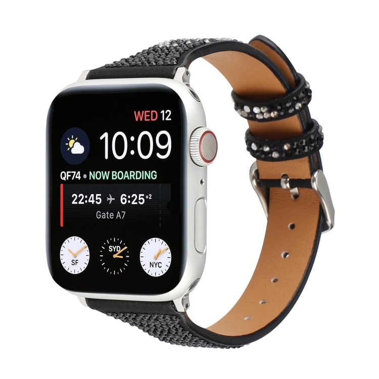 T-shaped Small Waist Flashing Diamond Genuine Leather Watch Band Watch Band For Apple Watch Ultra 49mm&Watch Ultra 2 49mm / Series 9&8&7 45mm / SE 3&SE 2&6&SE&5&4 44mm / 3&2&1 42mm(Black)