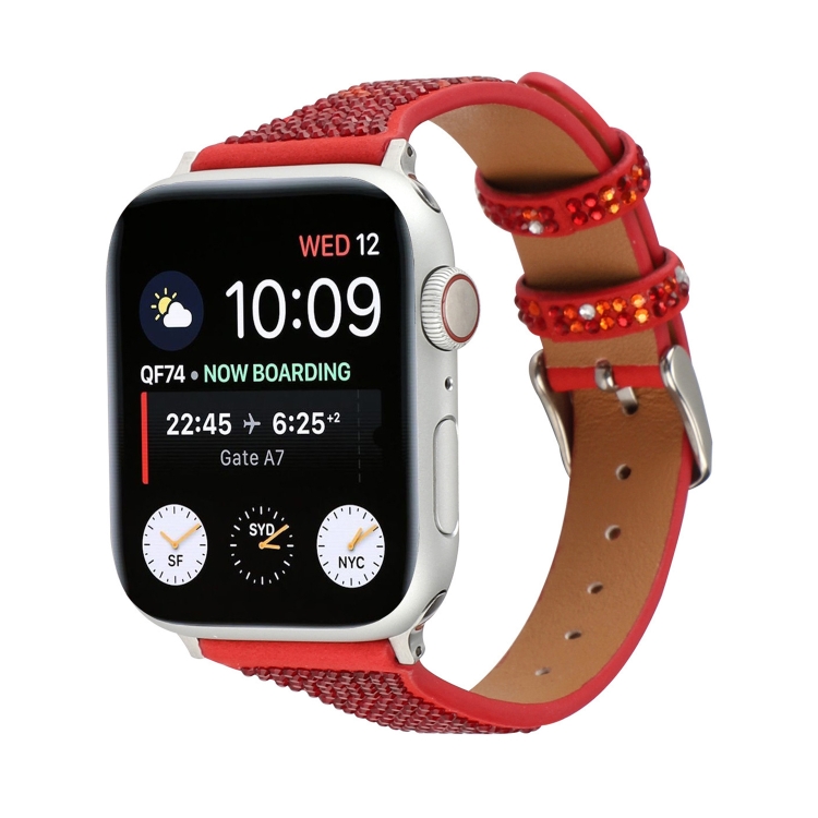 T-shaped Small Waist Flashing Diamond Genuine Leather Watch Band Watch Band For Apple Watch Ultra 49mm&Watch Ultra 2 49mm / Series 9&8&7 45mm / SE 3&SE 2&6&SE&5&4 44mm / 3&2&1 42mm(Red)
