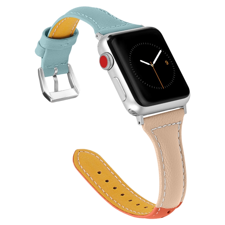 Three-color T-shape Leather Watch Band For Apple Watch Series 9&8&7 41mm / SE 3&SE 2&6&SE&5&4 40mm / 3&2&1 38mm (Orange Apricot + Blue)