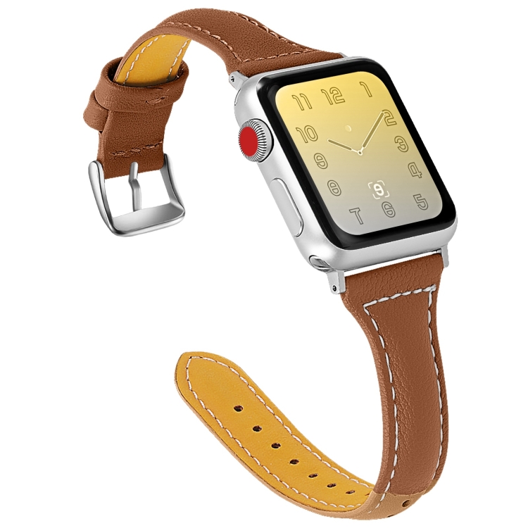 Three-color T-shape Leather Watch Band For Apple Watch Series 9&8&7 41mm / SE 3&SE 2&6&SE&5&4 40mm / 3&2&1 38mm(Coffee Brown+Brown)