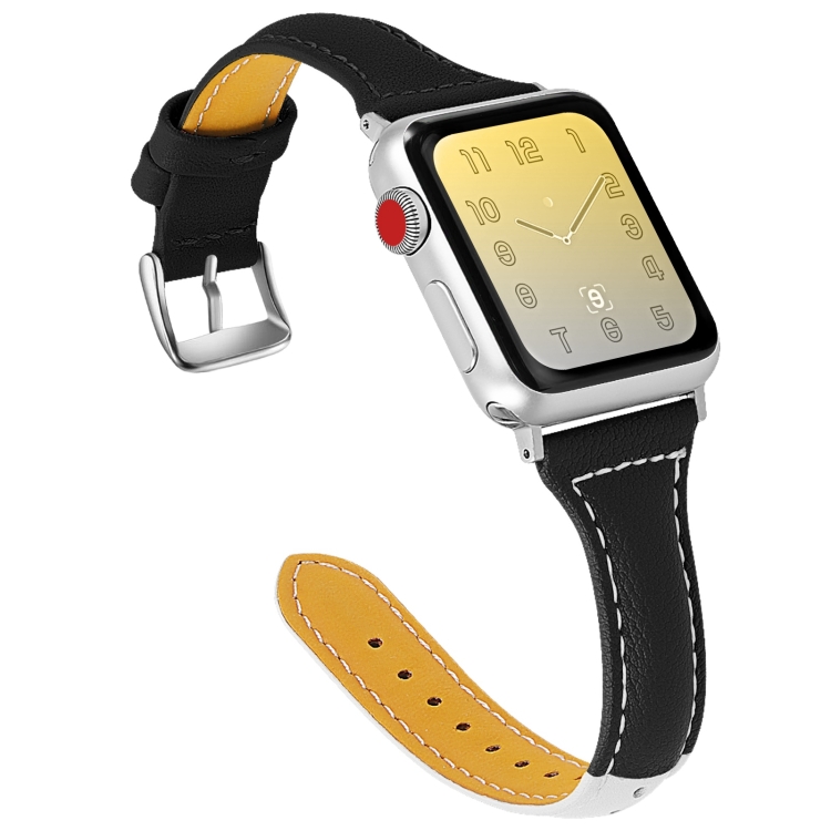 Three-color T-shape Leather Watch Band For Apple Watch Series 9&8&7 41mm / SE 3&SE 2&6&SE&5&4 40mm / 3&2&1 38mm(White Black + Black)