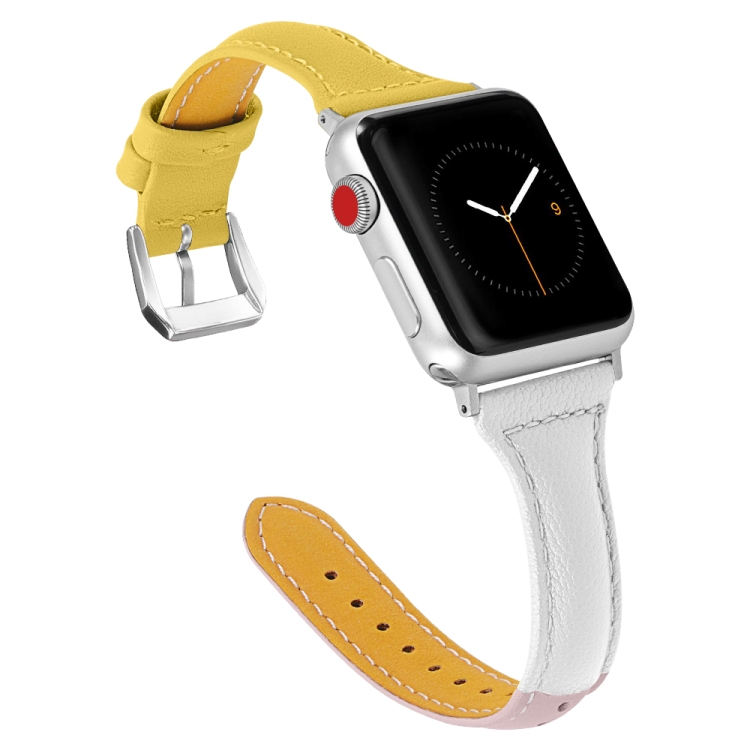 Three-color T-shape Leather Watch Band For Apple Watch Ultra 49mm&Watch Ultra 2 49mm / Series 9&8&7 45mm / SE 3&SE 2&6&SE&5&4 44mm / 3&2&1 42mm (White Pink+Yellow)