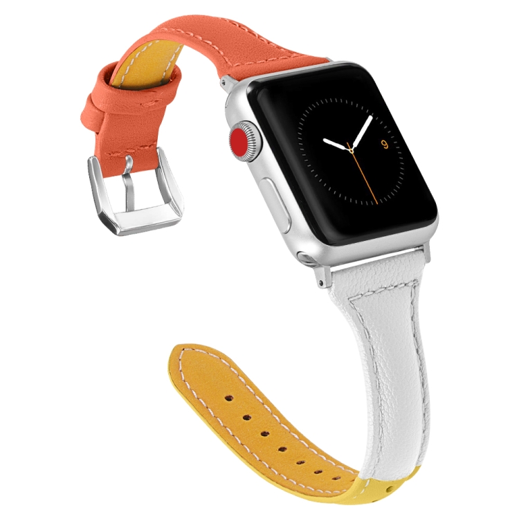 Three-color T-shape Leather Watch Band For Apple Watch Ultra 49mm&Watch Ultra 2 49mm / Series 9&8&7 45mm / SE 3&SE 2&6&SE&5&4 44mm / 3&2&1 42mm (Yellow White+Orange)