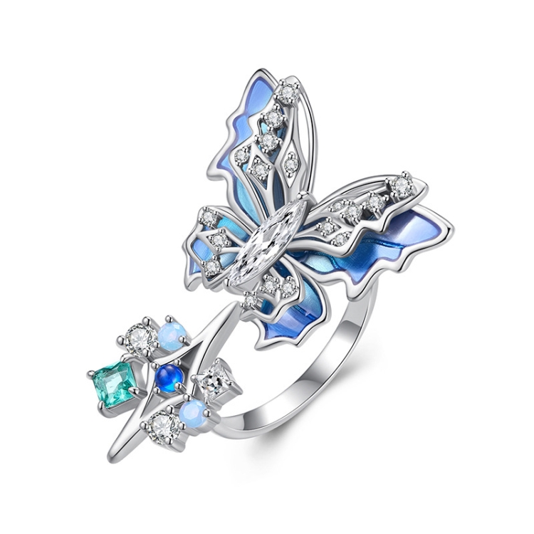 Three-Dimensional Gradient Ice And Snow Butterfly Open Ring Copper Adjustable Retro Ring(YIR247-E)