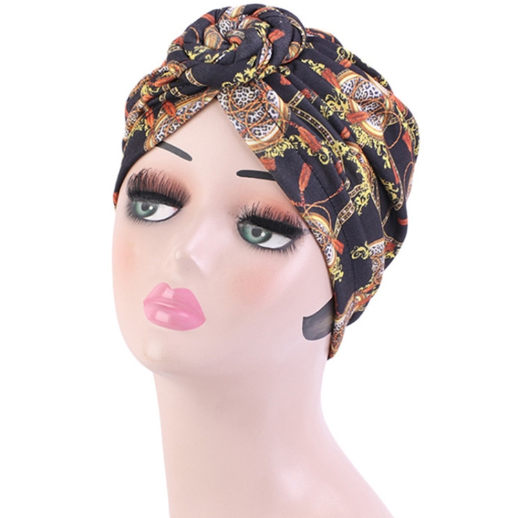 TJM-342 Cotton Whirlpool Flower Shape Turban Hat(Circle Black Yellow Rope)
