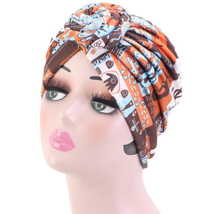 TJM-342 Cotton Whirlpool Flower Shape Turban Hat(Geometric Orange)