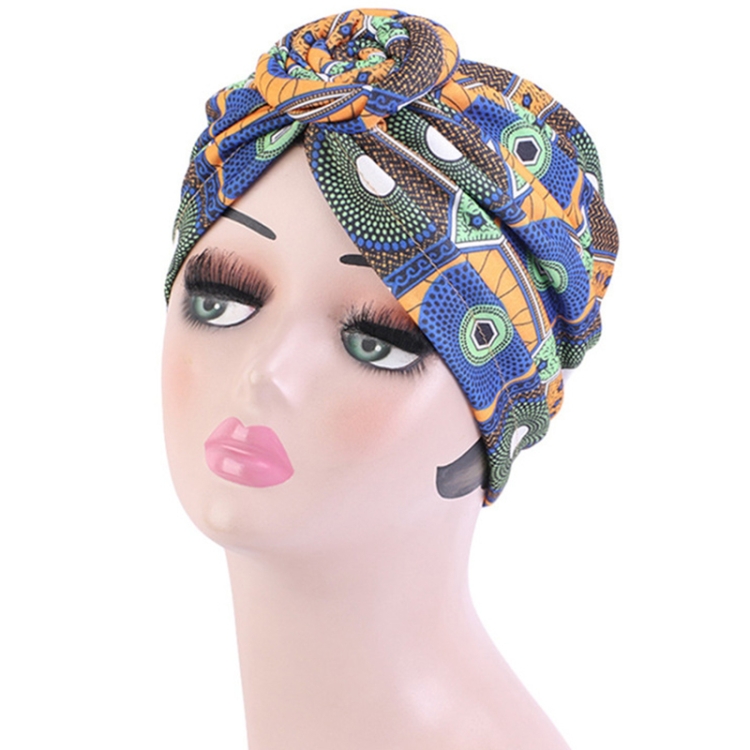 TJM-342 Cotton Whirlpool Flower Shape Turban Hat(Royal Blue Orange)